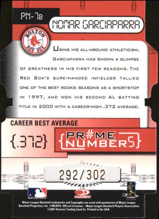 2001 Donruss Elite Prime Numbers Die Cuts #PN7B Nomar Garciaparra/302 back image