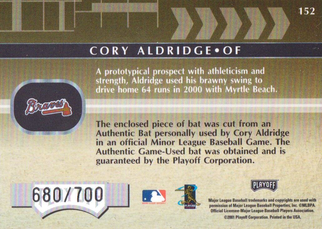 2001 Absolute Memorabilia #152 Cory Aldridge RPM RC back image