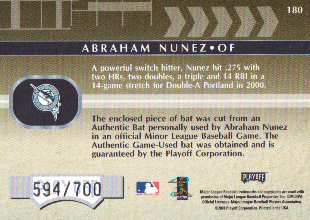 2001 Absolute Memorabilia #180 Abraham Nunez RPM back image