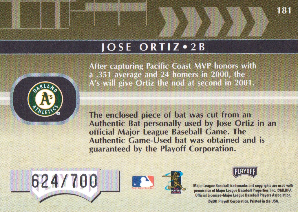 2001 Absolute Memorabilia #181 Jose Ortiz RPM back image