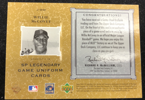 2001 SP Legendary Cuts Game Jersey #JWM Willie McCovey Uni * back image