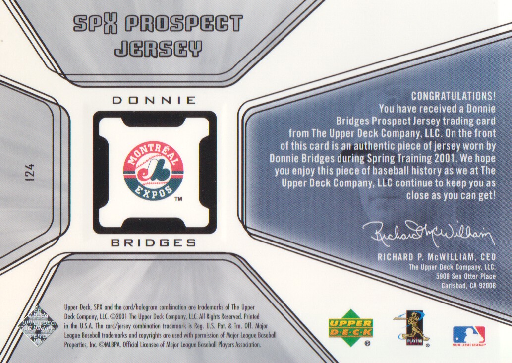 2001 SPx #124 Donnie Bridges JSY back image