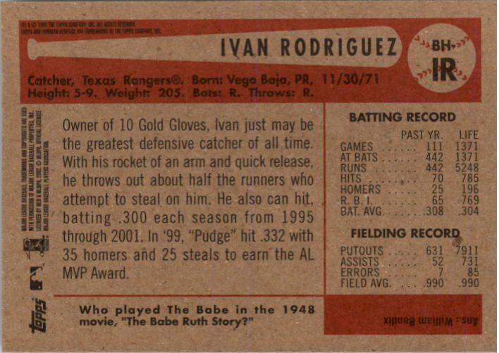 2002 Bowman Heritage Relics #BHIR Ivan Rodriguez Uni B back image