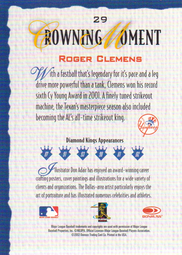 2002 Diamond Kings #29 Roger Clemens back image