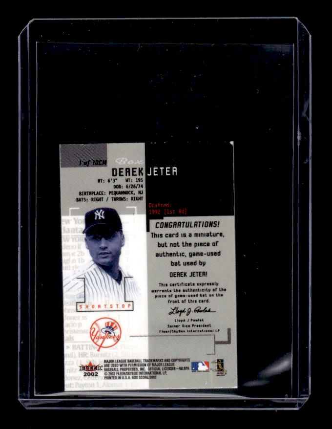2002 Fleer Box Score Classic Miniatures Game Used #1 Derek Jeter Bat back image