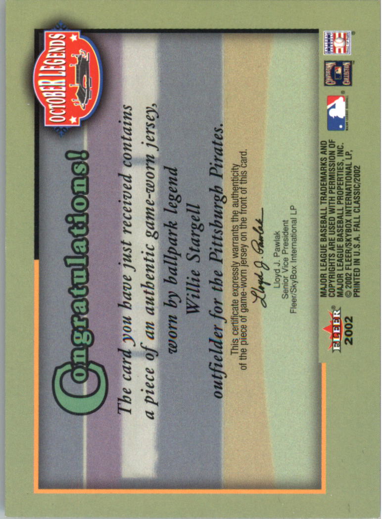 2002 Fleer Fall Classics October Legends Game Used #WS Willie Stargell Jsy SP/225 back image