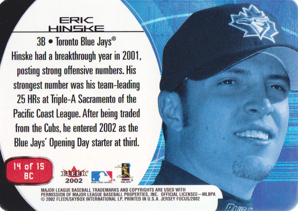 2002 Fleer Focus JE Blue Chips #14 Eric Hinske back image