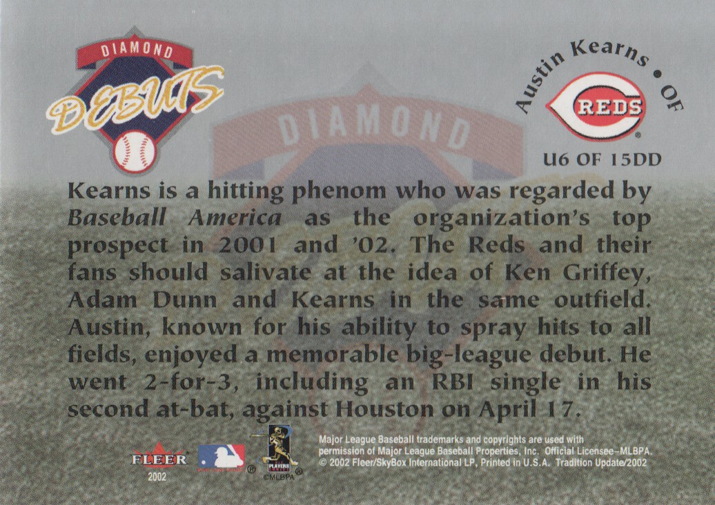 2002 Fleer Tradition Update Diamond Debuts #U6 Austin Kearns back image