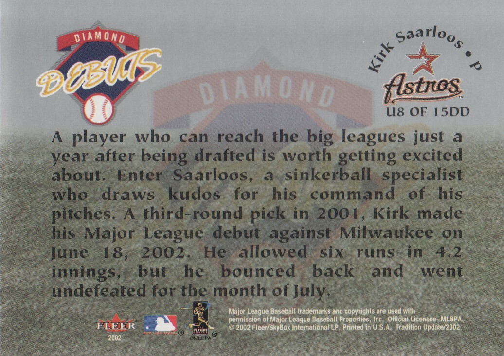 2002 Fleer Tradition Update Diamond Debuts #U8 Kirk Saarloos back image