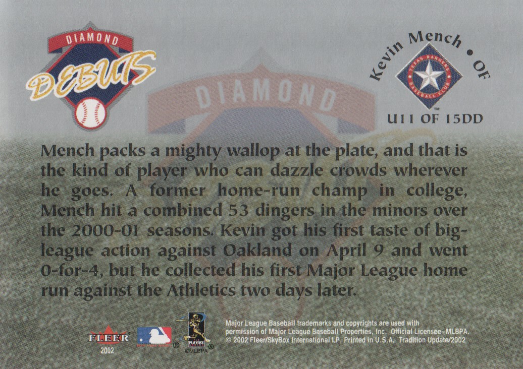 2002 Fleer Tradition Update Diamond Debuts #U11 Kevin Mench back image