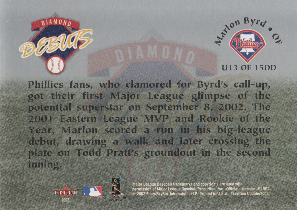 2002 Fleer Tradition Update Diamond Debuts #U13 Marlon Byrd back image