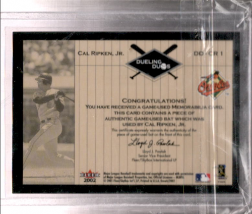 2002 Greats of the Game Dueling Duos Game Used Single #CR1 George Brett/Cal Ripken Bat back image