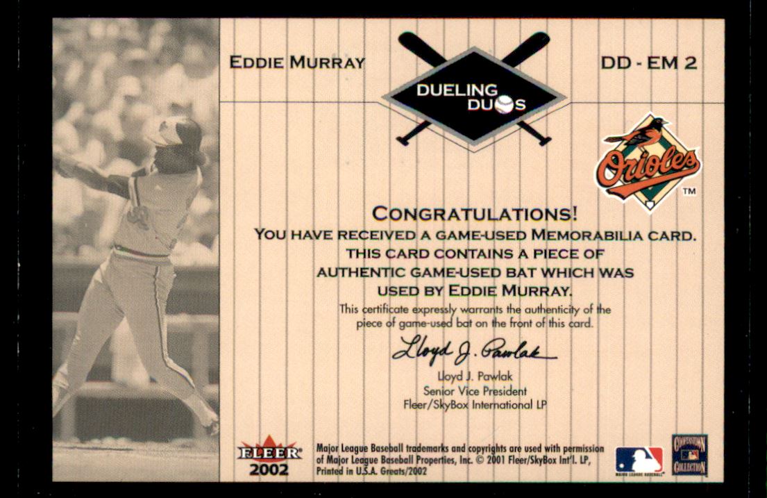 2002 Greats of the Game Dueling Duos Game Used Single #EM2 George Brett/Eddie Murray Bat back image