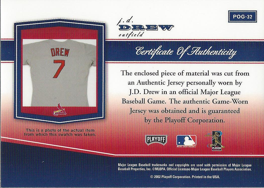 2002 Playoff Piece of the Game Materials #32A J.D. Drew Jsy back image