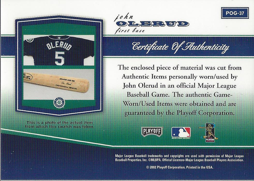 2002 Playoff Piece of the Game Materials #37A John Olerud Jsy back image