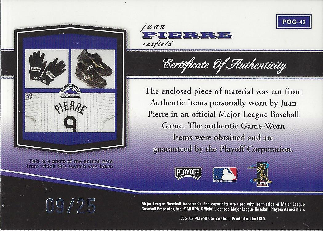 2002 Playoff Piece of the Game Materials Platinum #42 Juan Pierre Jsy back image