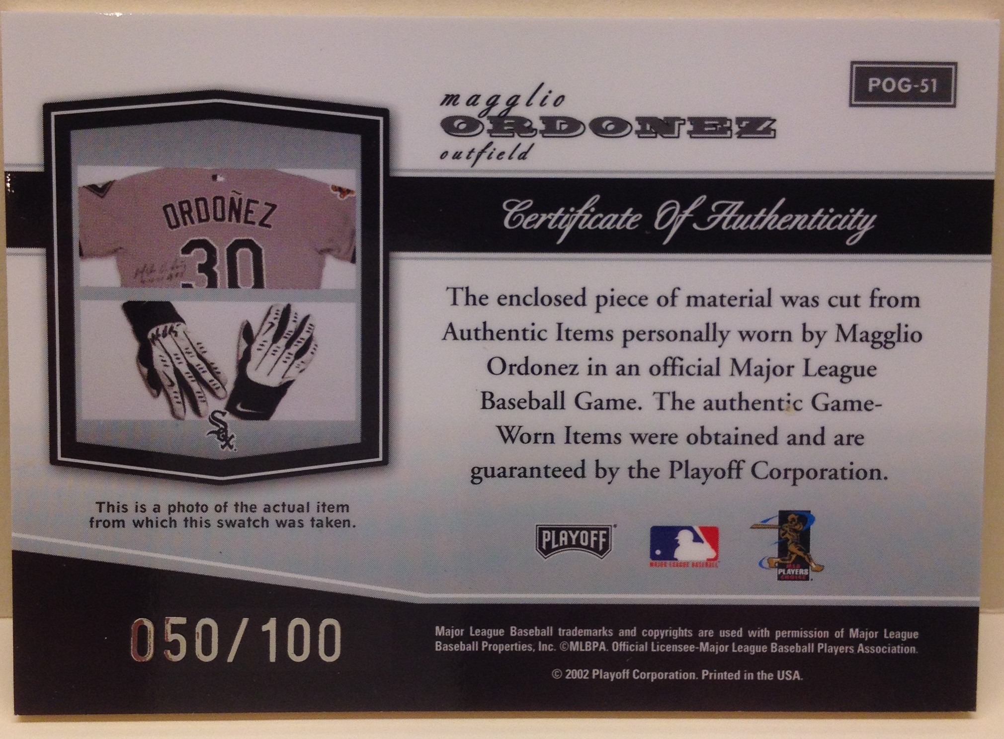 2002 Playoff Piece of the Game Materials Silver #51 Magglio Ordonez Jsy back image