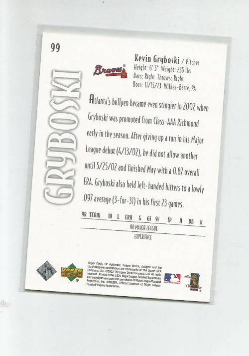 2002 SP Authentic #99 Kevin Gryboski FW RC back image