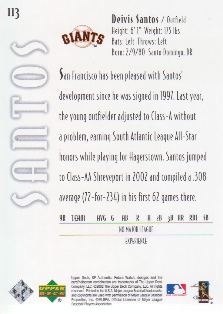 2002 SP Authentic #113 Deivis Santos FW back image