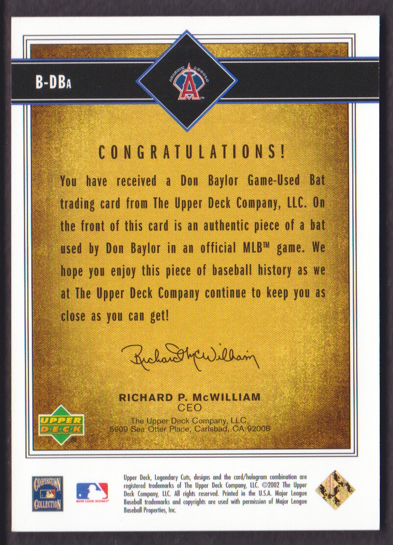 2002 SP Legendary Cuts Game Bat #BDBA Don Baylor DP back image