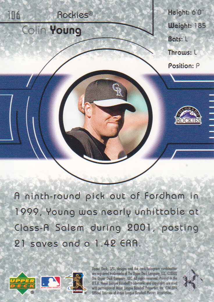 2002 SPx #106A Colin Young YS RC back image
