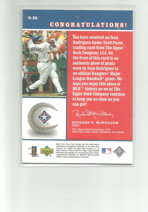 2002 Sweet Spot Swatches #SIR Ivan Rodriguez back image