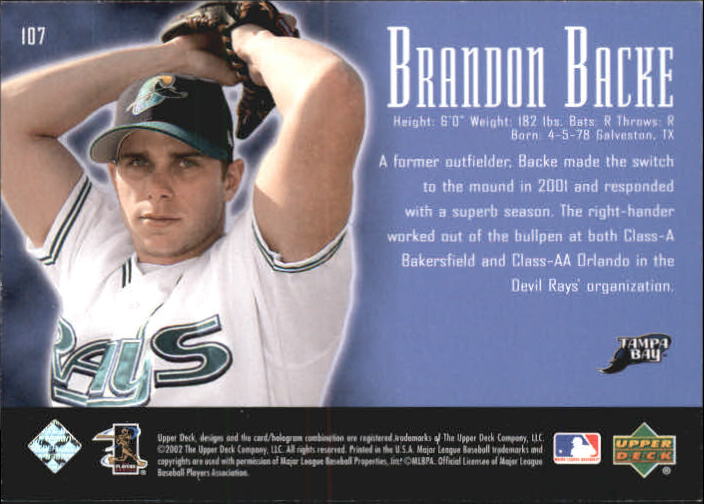 2002 UD Piece of History #107P Brandon Backe 21CP RC back image