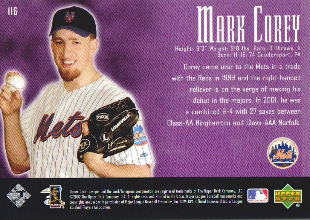 2002 UD Piece of History #116A Mark Corey 21CP RC back image