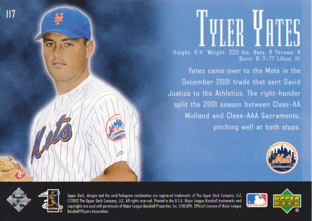 2002 UD Piece of History #117P Tyler Yates 21CP RC back image