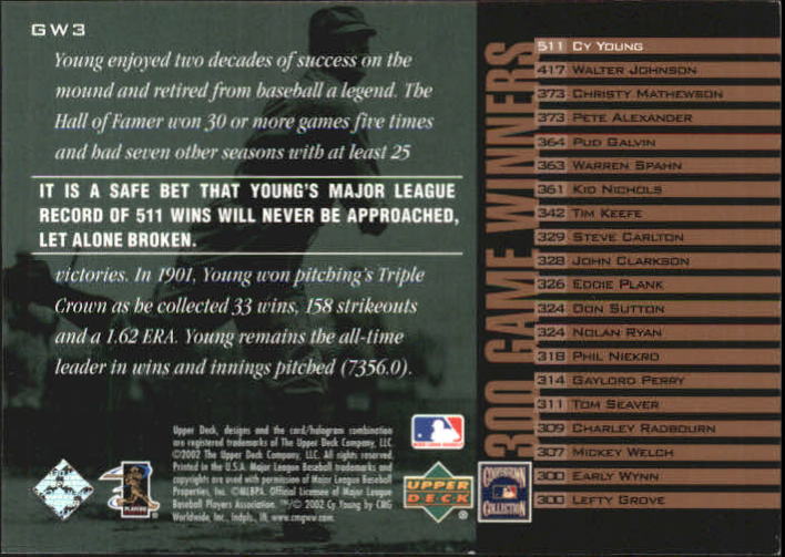 2002 UD Piece of History 300 Game Winners #GW3 Cy Young back image