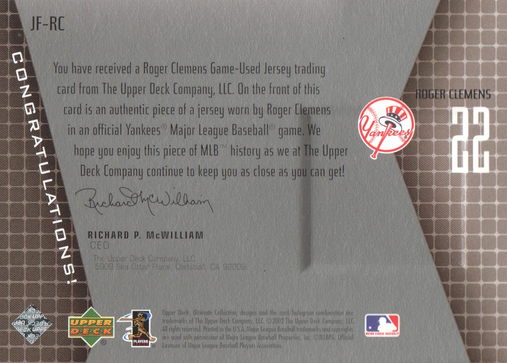 2002 Ultimate Collection Game Jersey Tier 1 #RC Roger Clemens back image