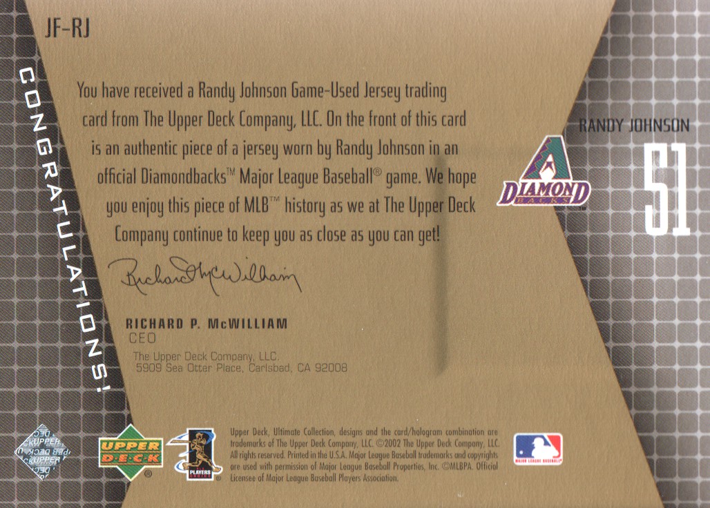 2002 Ultimate Collection Game Jersey Tier 2 Gold #RJ Randy Johnson back image