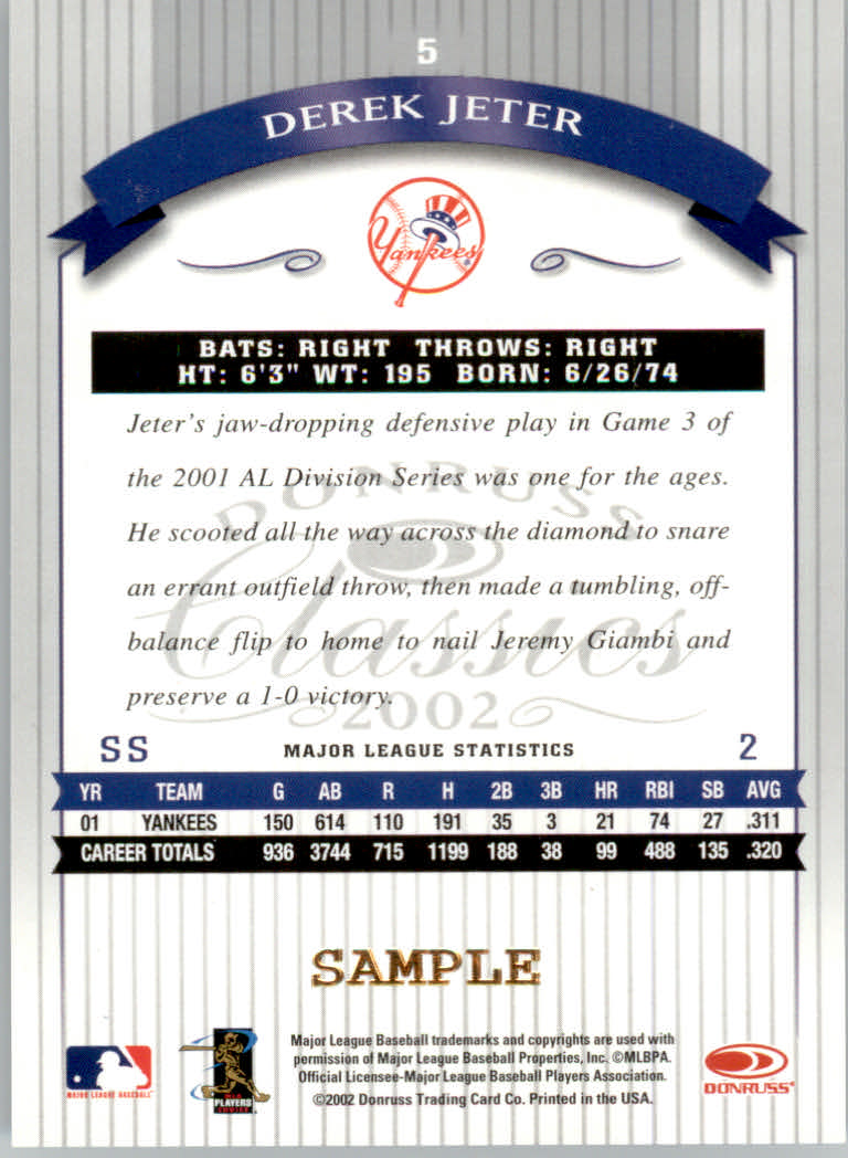 2002 Donruss Classics Samples #5 Derek Jeter back image