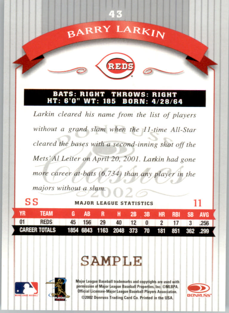 2002 Donruss Classics Samples #43 Barry Larkin back image