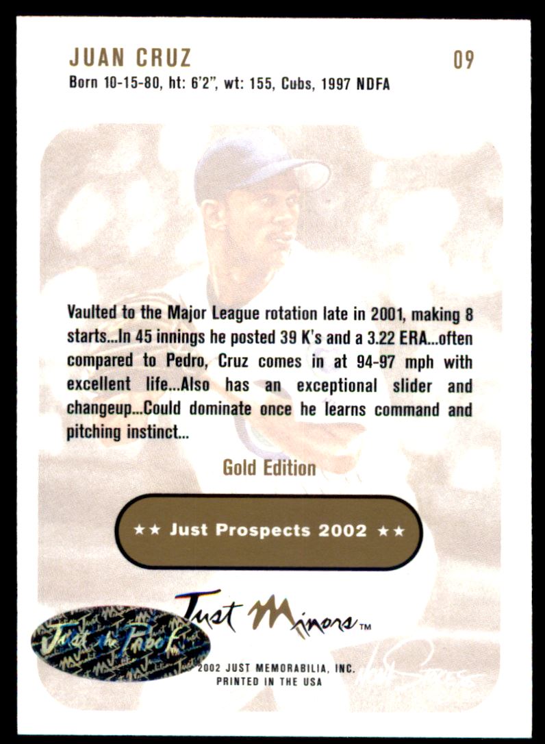 2002 Just Prospects Autographs Gold #9 Juan Cruz/300 back image