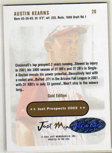 2002 Just Prospects Autographs Gold #20 Austin Kearns/300 back image