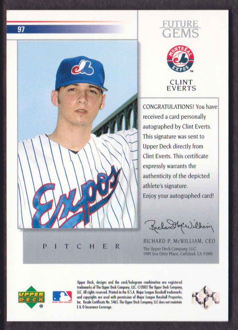 2002 Upper Deck Prospect Premieres #97 Clint Everts AU XRC back image