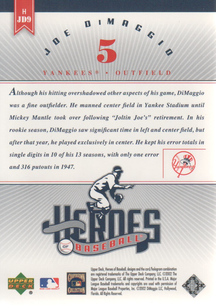 2002 Upper Deck Prospect Premieres Heroes of Baseball #HJD9 Joe DiMaggio back image