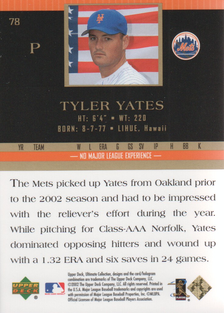 2002 Ultimate Collection #78 Tyler Yates UR RC back image