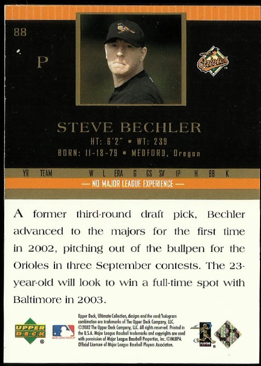 2002 Ultimate Collection #88 Steve Bechler UR RC back image