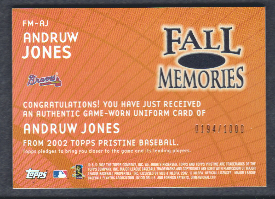 2002 Topps Pristine Fall Memories #AJ Andruw Jones Uni B back image