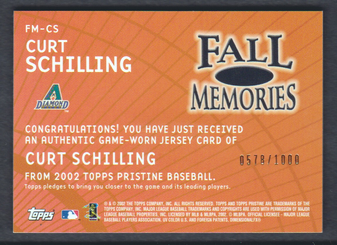 2002 Topps Pristine Fall Memories #CS Curt Schilling Jsy B back image