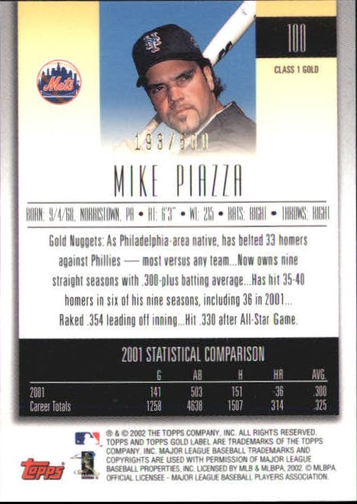 2002 Topps Gold Label Class 1 Gold #100 Mike Piazza back image