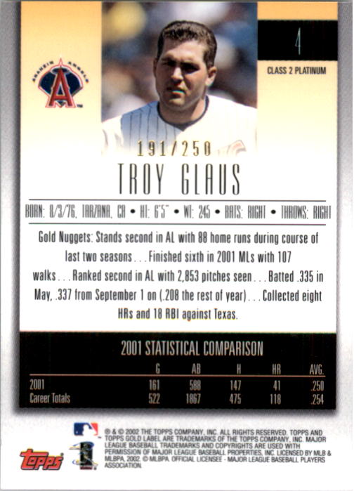 2002 Topps Gold Label Class 2 Platinum #4 Troy Glaus back image