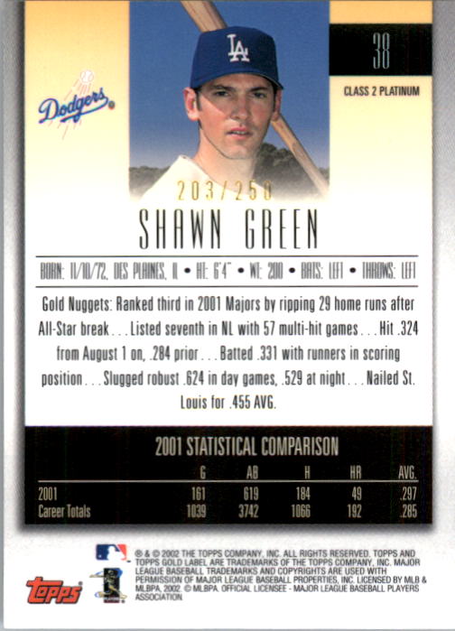 2002 Topps Gold Label Class 2 Platinum #38 Shawn Green back image