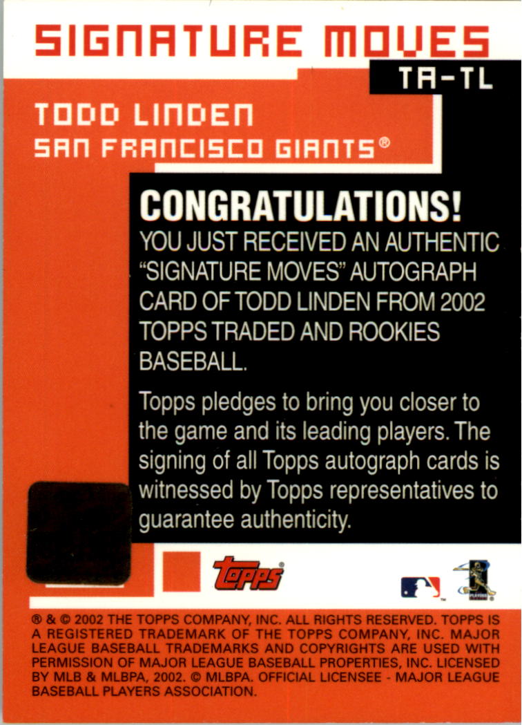 2002 Topps Traded Signature Moves #TL Todd Linden H back image
