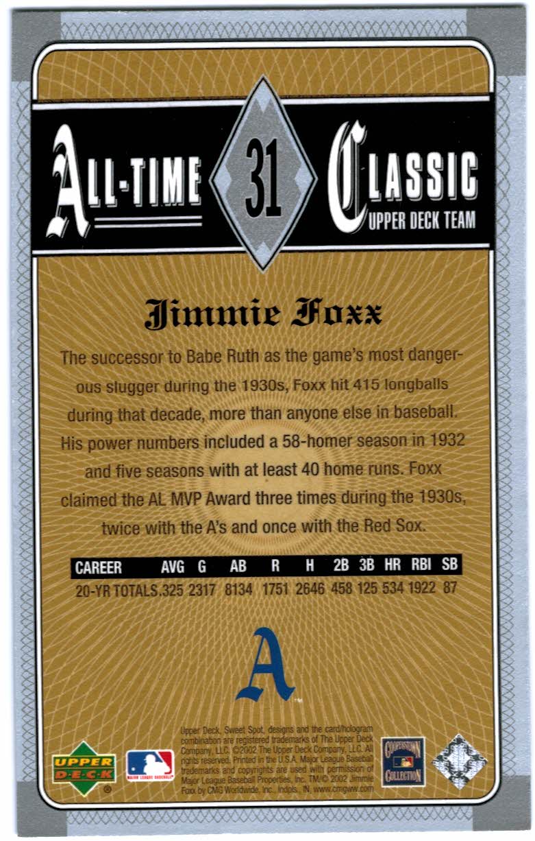 2002 Sweet Spot Classics #31 Jimmie Foxx back image