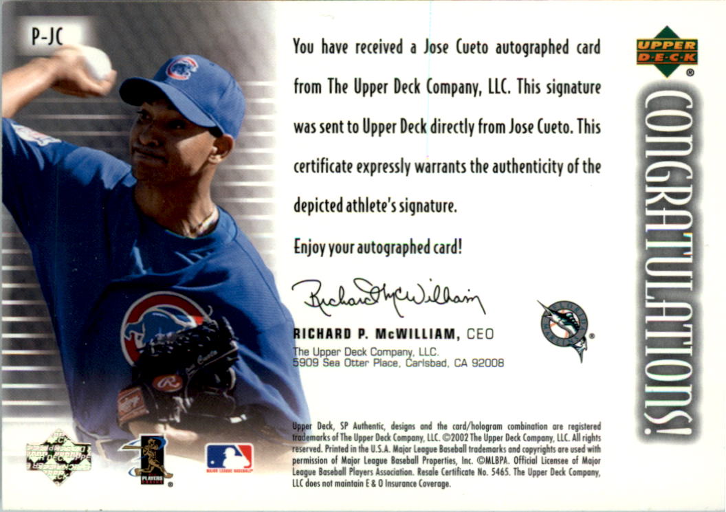 2002 SP Authentic Prospects Signatures #PJC Jose Cueto back image