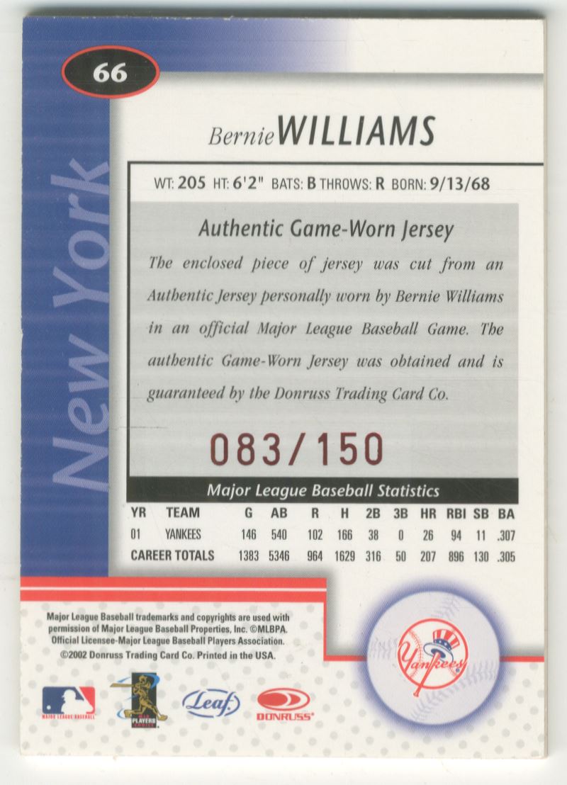 2002 Leaf Certified Mirror Red #66 Bernie Williams Jsy back image