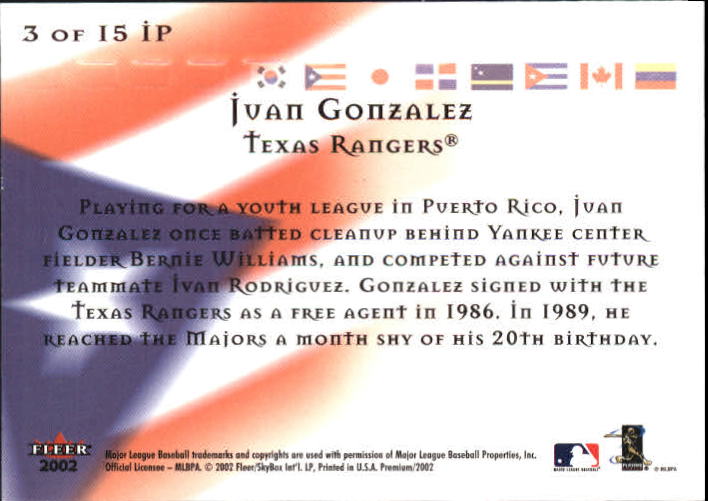 2002 Fleer Premium International Pride #3 Juan Gonzalez back image